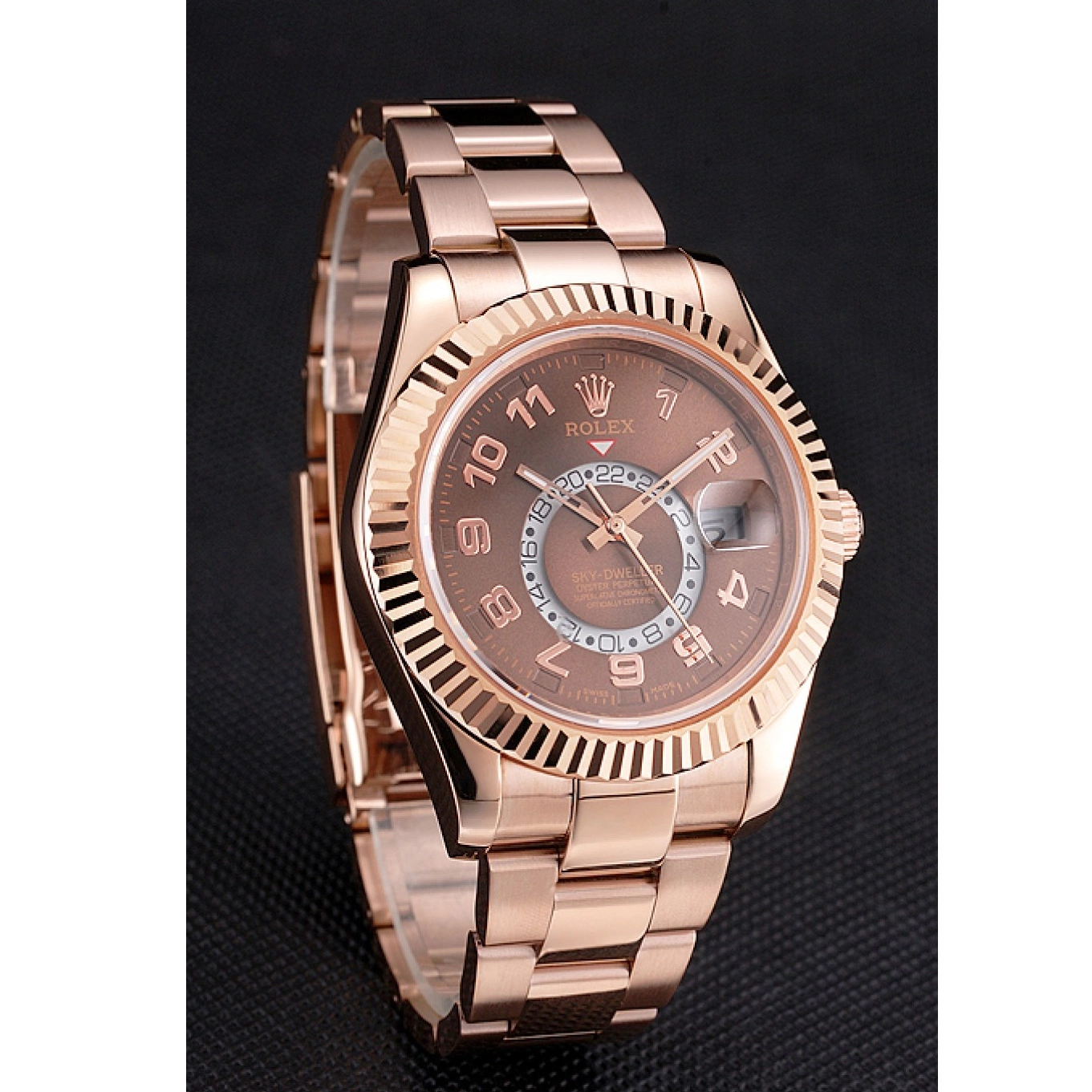 AAA replica watch Brown Case Rose Dweller Gold Dial Rolex Ad Sky Bracelet 0629
